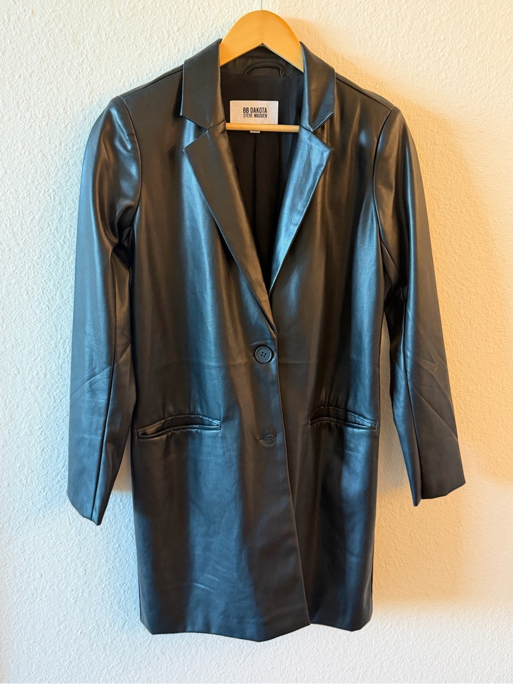 BB Dakota Black Faux-Leather Long Blazer Coat